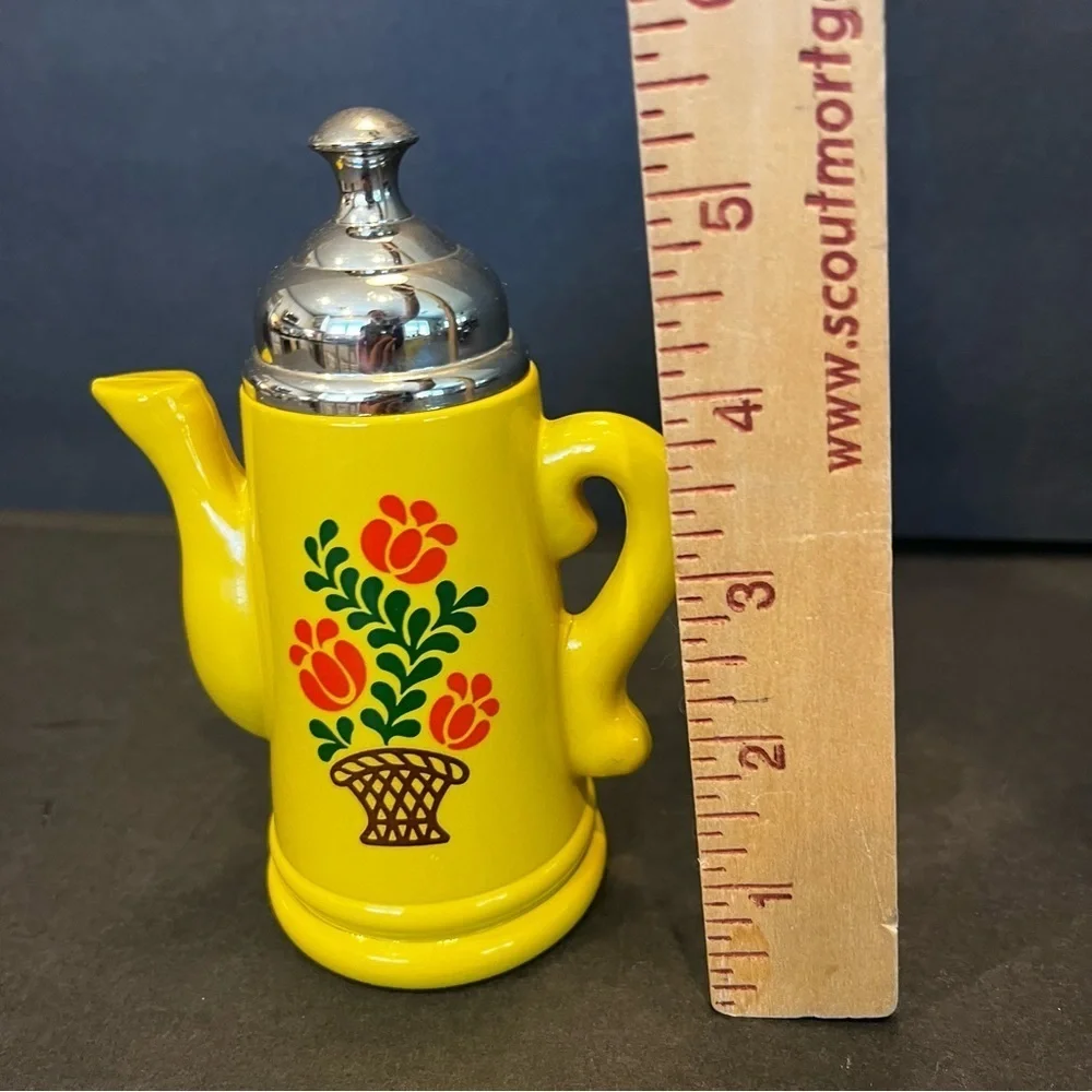 Vintage Mini Coffee Pot 5 1/2” Tall Avon Yellow Silver Top Orange Floral